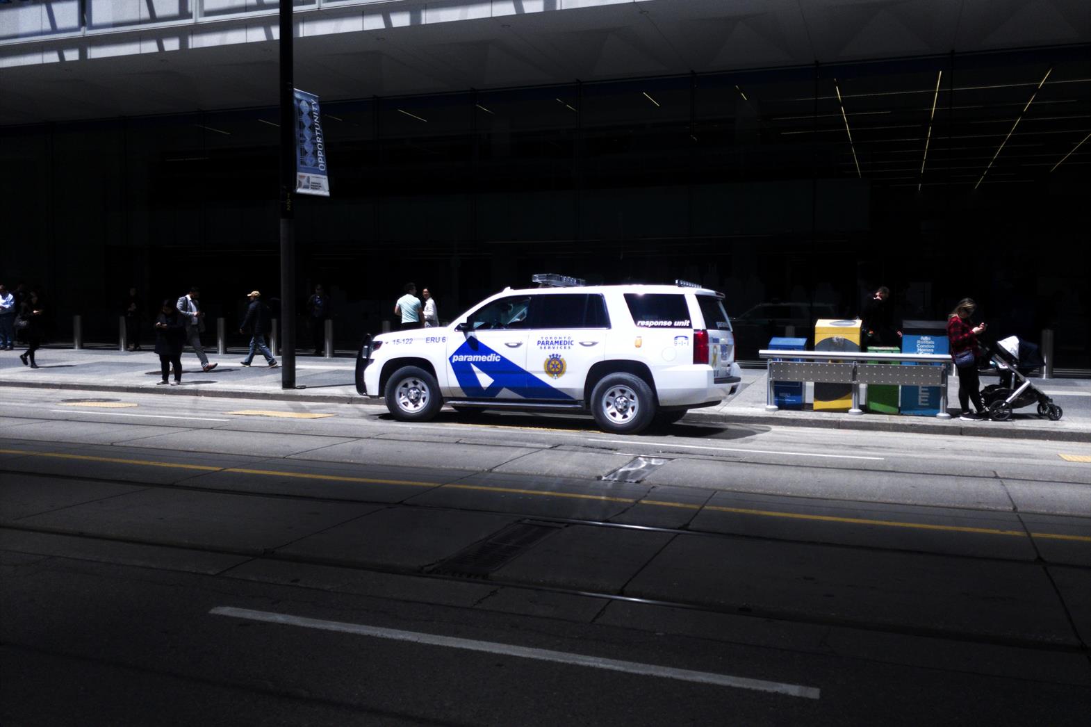 An ambulance parked on a city street