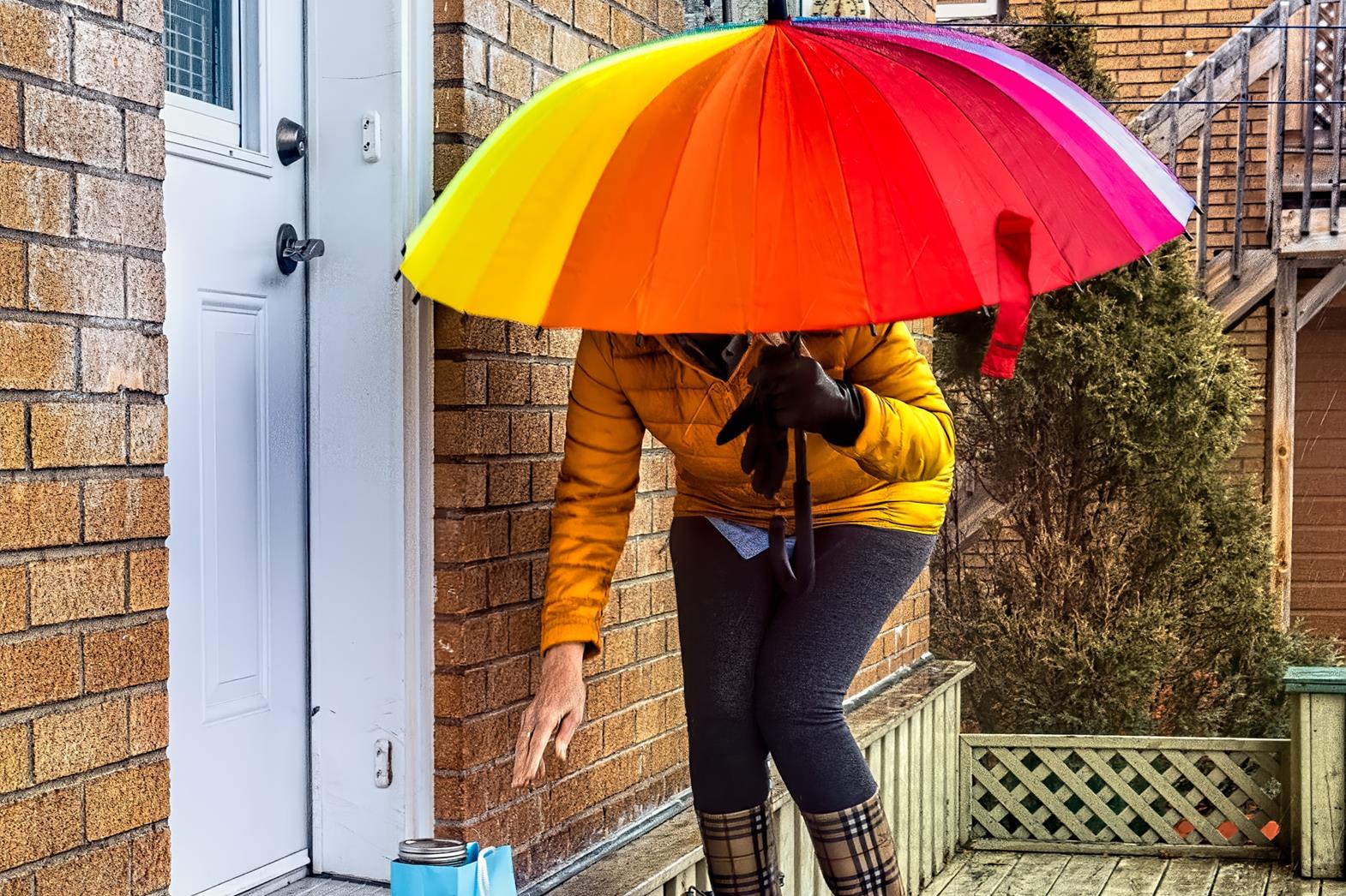 a person arriving home and holding a rainbow umbrella reaches for a package that is sitting in front of a door 