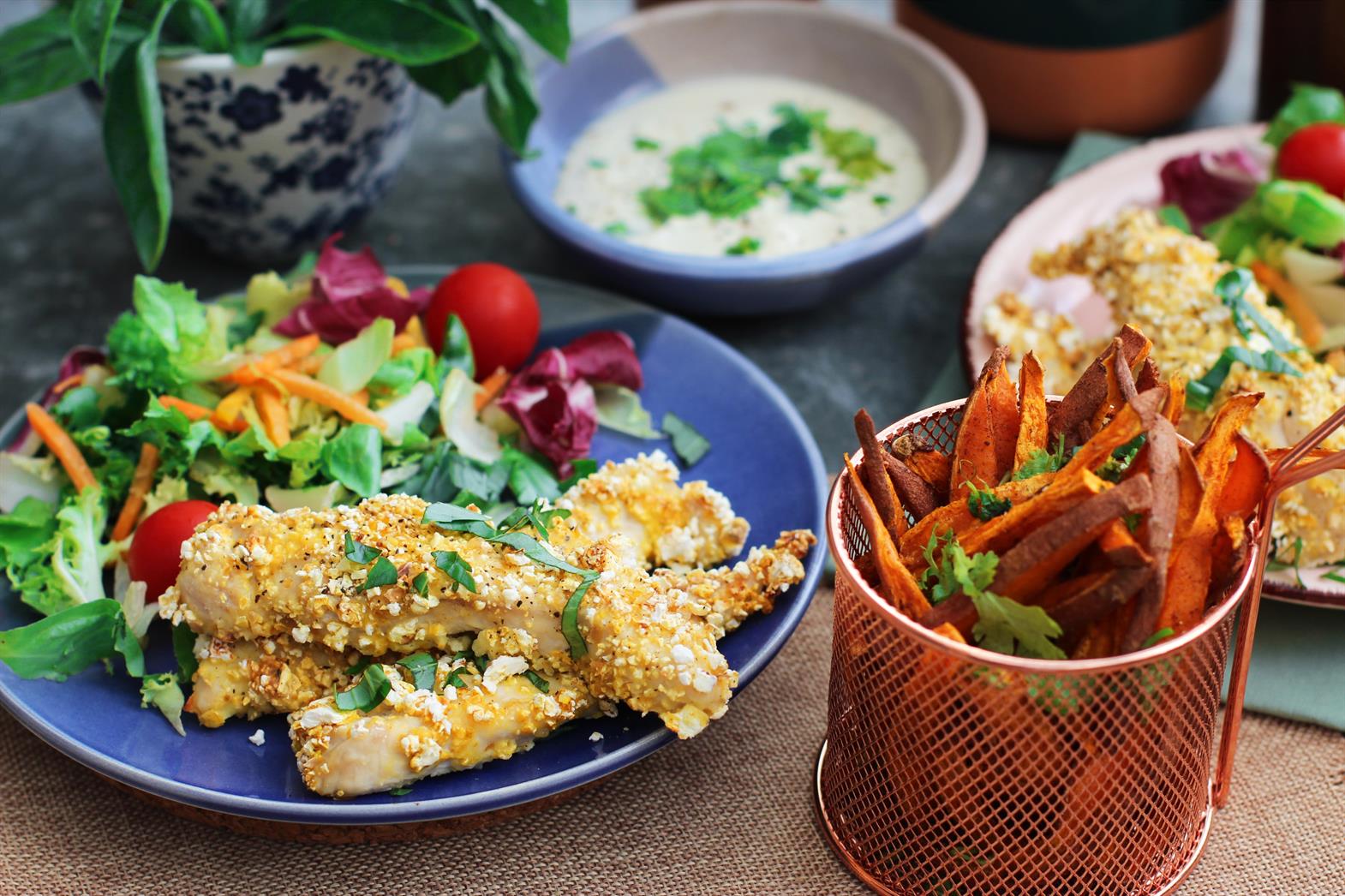 fish, salad   & sweet potato fries