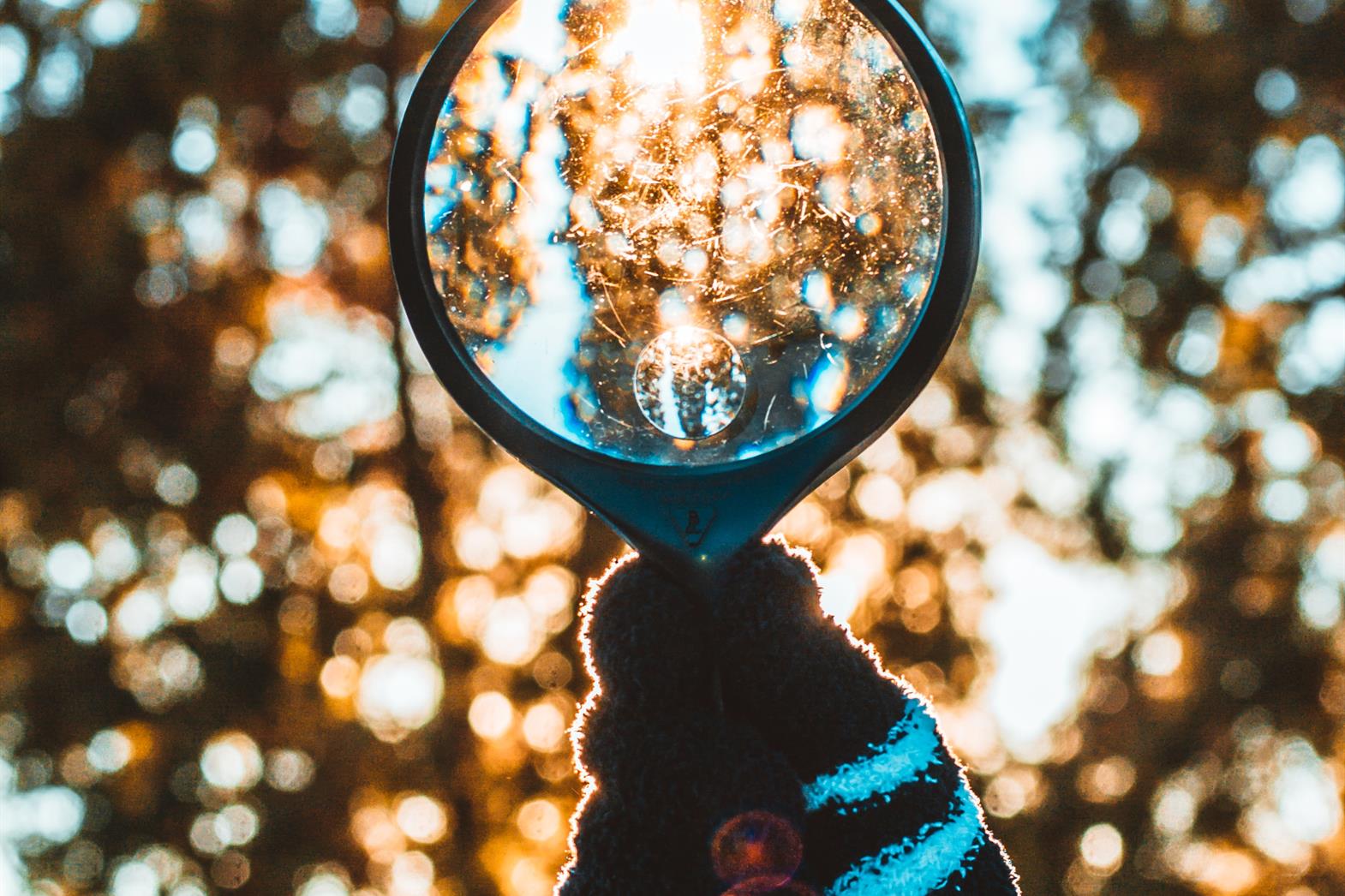 Person holding black magnifying glass